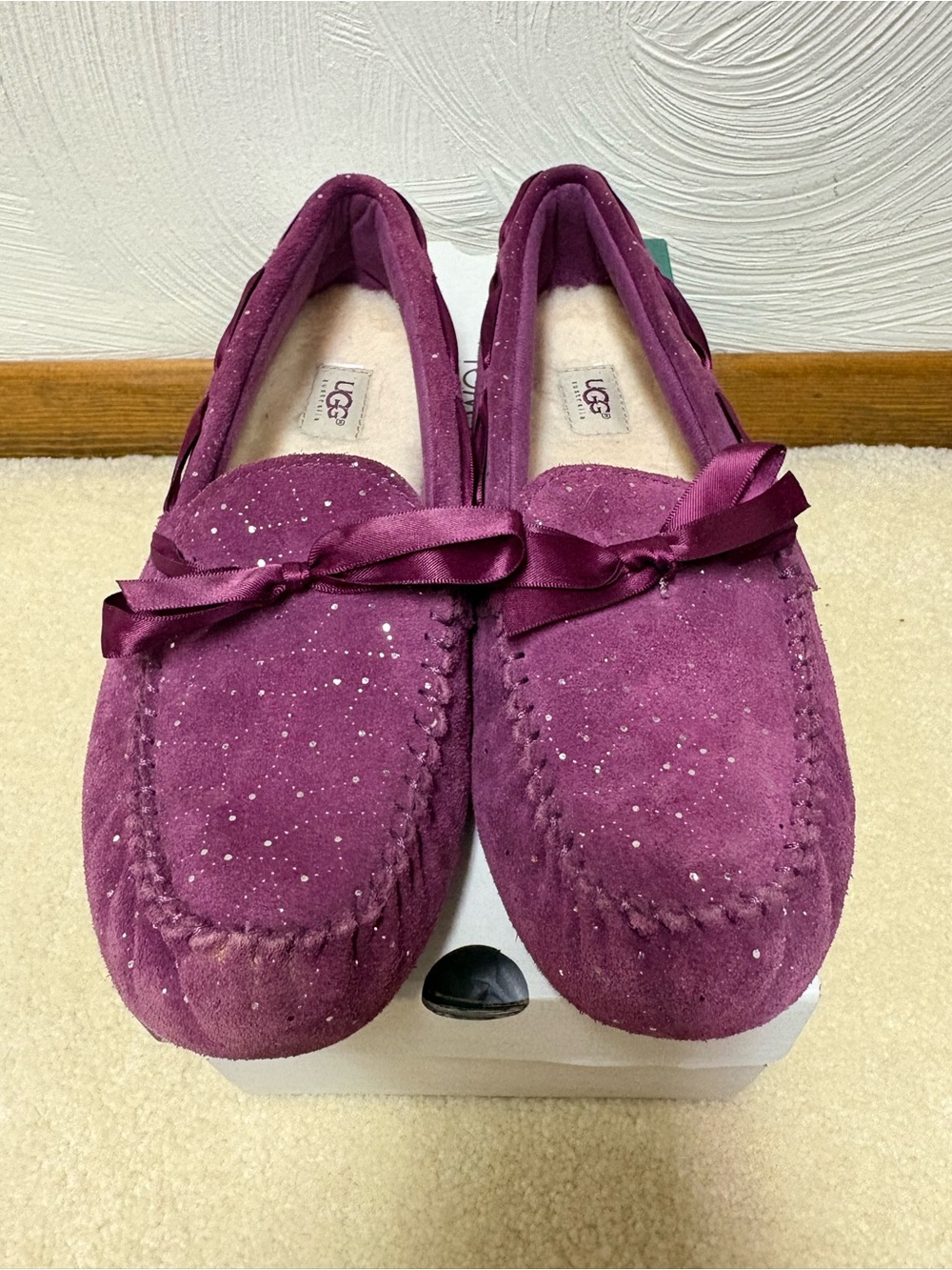 UGG Women's Plum Suede Moccasins with Satin Bow